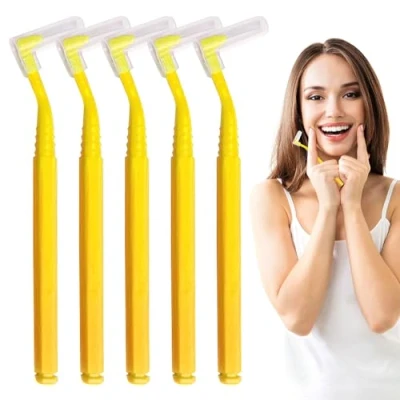Image of SKHAOVS 40 Pieces L Shaped Dental Brushes with Long Handle,Interdental 0.7mm for Interdental Cleaning,Portable Oral Tooth Clean,Dental Cleaning Plaque Removal (Yellow)