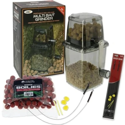 Image of NGT Fishing Bait Set Boilie Grinder Crusher Boilies &amp; Barbless Hair Rigs Carp Tackle