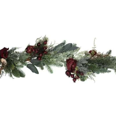 Image of Gisela Graham 180cm Mixed Green Leaf &amp; Red Rose Garland