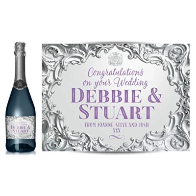 Image of TigerMill Publishing Personalised Silver Effect Champagne Labels for Any Occasion or Event, Birthday, Wedding, Engagement, Anniversary, Hen Night, Christmas etc (Silver/Lilac Type)