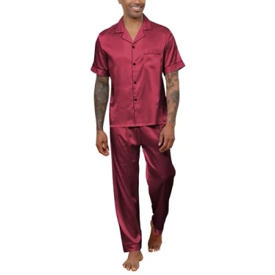 Image of Reliwel Mens Pyjamas Set Silk Short Sleeve Button down Shirt and Long Pants Silky Pjs Notch Collar Loungewear Sleepwear Nightwear S Xxl Red