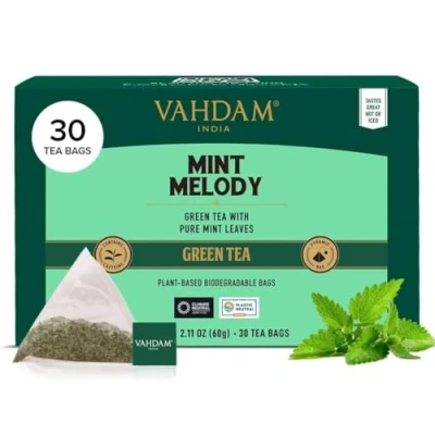 Image of VAHDAM, Mint Green Tea Bags (30 Count) 100% Pure Leaf Tea, High Grown, Low Caffeine, Non GMO, Gluten Free Individually Wrapped Plant Based Pyramid Direct from Source