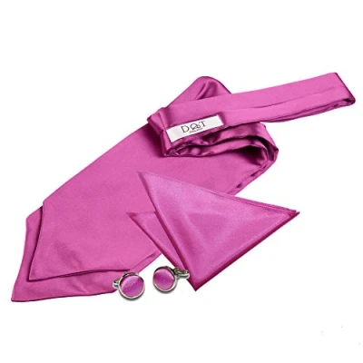 Image of DQT Men Plain Satin Wedding Cravat &amp; Pocket Square + Cufflinks Pre Tied, Mulberry