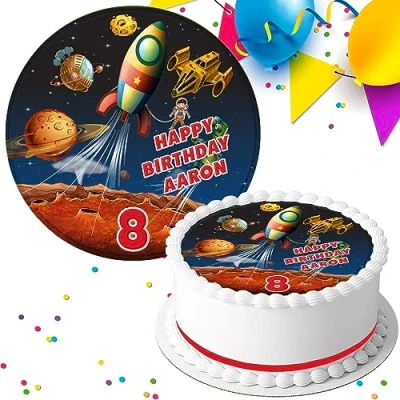 Image of SPACE SHIP ADVENTURE PERSONALISED BIRTHDAY 7.5 INCH EDIBLE ICING CAKE TOPPER DECORATION B061