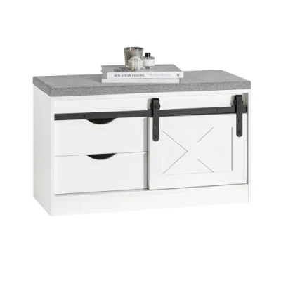 Image of SoBuy Hallway Shoe Bench Rack Cabinet with a Sliding Door and Seat Cushion White W80 x D30 H49cm FSR153 W