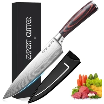 Image of EXPERT CUTTER Chef Knife, Kitchen Knife 8 inch Professional, Ultra Sharp Chefs with Long Lasting Blade, High Carbon Stainless Steel Chopping, Carving Brown Pakkawood Handle Gift Box