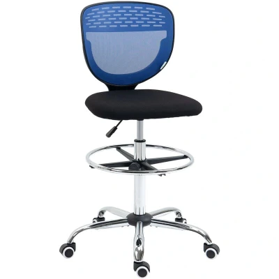 Image of Vinsetto Drafting Chair, Swivel Office Draughtsman Mesh Standing Desk Chair with Lumbar Support, Adjustable Foot Ring, Armless, Dark Blue