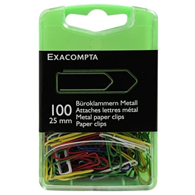Image of Exacompta Ref 14744E Coloured Paper Clips (Pack of 100) Made from Metal, 25mm in Size, Suitable for Temporarily Binding Documents Without Damaging Them