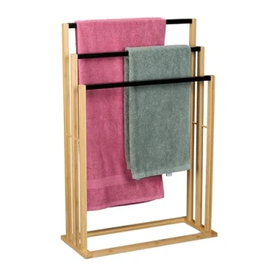 Image of Relaxdays Rail, 3 Staggered Bars, Stand, HxWxD: 82x55x24 cm, Bathroom Towel Holder, Bamboo, Natural/Black, 82 x 55 24 cm
