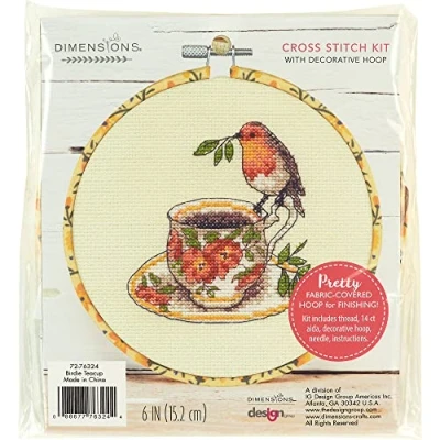 Image of Dimensions Counted Cross Stitch Kit 6&quot; Round Birdie Teacup (14 Count)