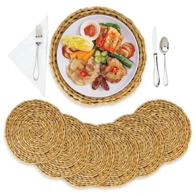Image of Pack of 6 Luxury Quality Woven Wicker Table Place Mats, Round Placemats for Dining Table, Handmade Natural Water Hyacinth, Heat Resistant Non Slip Weave (Round 30cm)