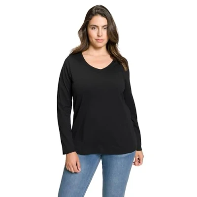 Image of Ulla Popken Women&#039;s Basic Shirt, V Neck, Slim, Long Sleeves T, Black, 28 30