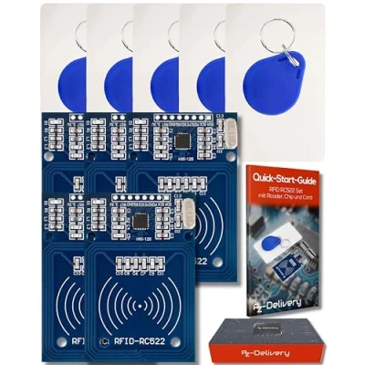 Image of AZDelivery 5 x RFID Kit MFRC522 Compatibel with RC522 RF IC Card Reader Sensor Module, Chip Key Ring and S50 13.56MHz, Compatible Arduino Raspberry Pi including E Book!
