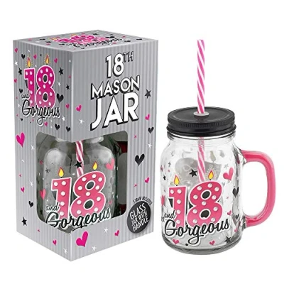 Image of Lesser &amp; Pavey 18th Birthday Cocktail Drinking Mason Jar With Metal Lid Glass Handle and Pink/White Straw 500ml Lovely Gift Idea