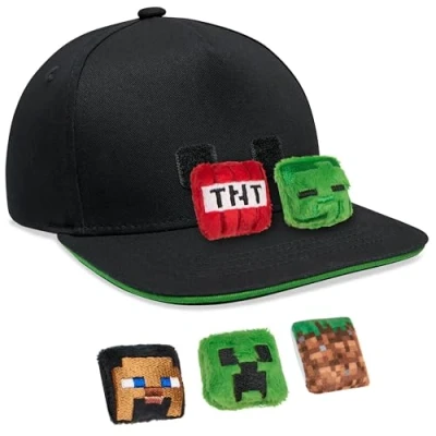 Image of Minecraft Boys Baseball Cap with Removable Plush Accessory Gamer Gifts (Black)