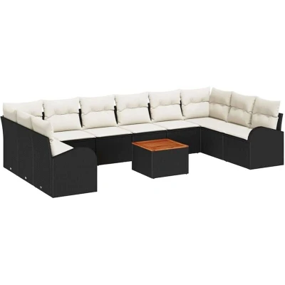 Image of vidaXL 11 Piece Garden Sofa Set with Cushions Black Poly Rattan Acacia