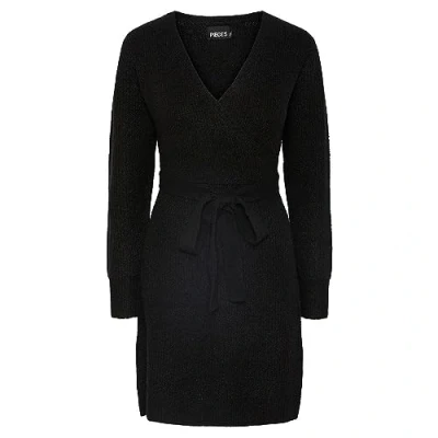 Image of PIECES Women&#039;s Pcellen Ls Wrap Knit Dress Noos Bc, Black, S