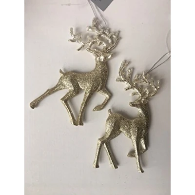 Image of Gisela Graham Set of 2 Gold Glitter Reindeer Hanging Christmas Tree Decoration