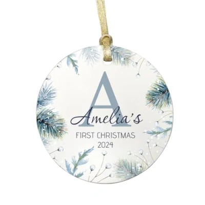 Image of Personalised with Name &amp; Initial First Christmas Ceramic Bauble for Newborn Baby Boys/Baby Girls Ornaments Hanging Plaque Sign Gifts Xmas Tree Decoration Keepsake Shower