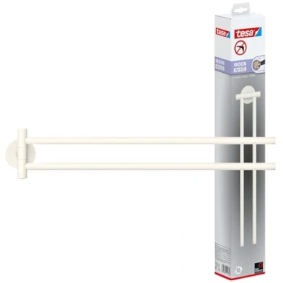 Image of tesa MOON WHITE Towel Holder 2 arm, matt white, for bathroom and WC bathrooms in industrial modern style drill free, incl. adhesive solution 84 mm x 50 456
