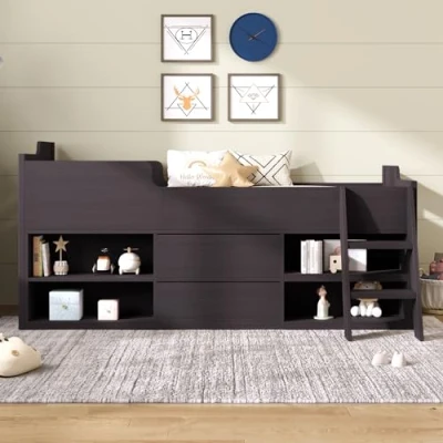Image of Merax 3ft Single Cabin Bed with Drawers and Shelf Storage Mid Sleeper Frame Ideal for Kids (90 x 190 cm) No Matress, Taupe