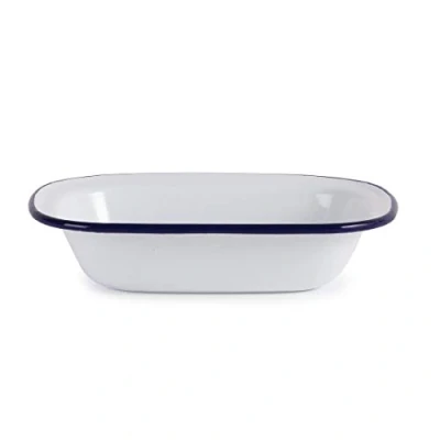 Image of Olympia Enamel Retro Pie Dishes Set Rectangular 180 x 135 mm (Pack of 6), White and Blue, Hardwearing Camping Dishes, Enamelled Steel, Ovenproof &amp; Dishwasher Safe, GM511