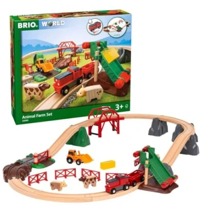 Image of BRIO World Farm Animal Toy Train Set for Kids Age 3 Years Up Wooden Railway Accessories and Add Ons