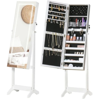Image of HOMCOM Jewellery Cabinet with LED Light, Lockable Organiser Full Length Mirror for Bedroom Dressing Room, White
