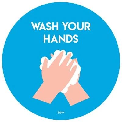 Image of Avery Wash Hands Circular Label Sign Ø275mm, 2 self Adhesive Posters Per Pack COVWH275