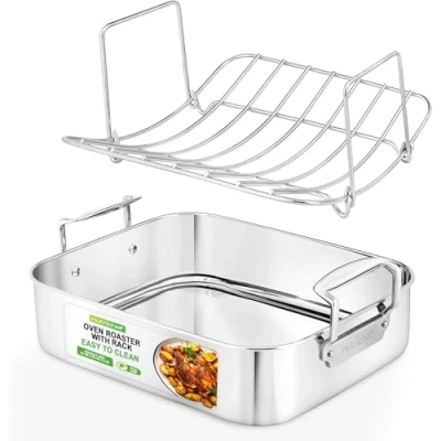 Image of NutriChef Roasting Pan with Polished Rack, Wide Handle, and Stainless Steel Lid, Turkey Chicken Great for Thanksgiving Dinners, Tender Roast, Deep Dishes, More