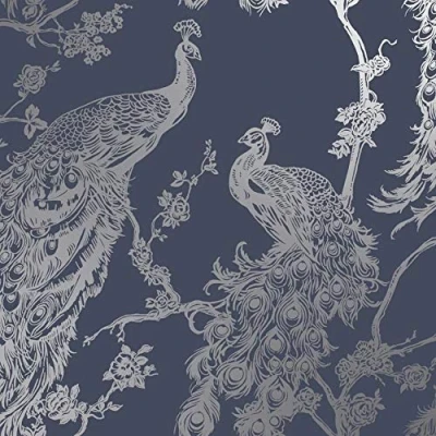 Image of Glistening Peacock Navy Blue Wallpaper Metallic Silver Bird Trees Feather