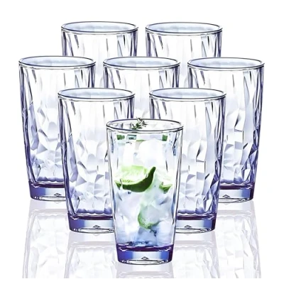 Image of [Look Like Glass] 450ml 8 Piece Premium Unbreakable Drinking Glasses Plastic Tumblers Dishwasher Safe BPA Free Acrylic Juice Highball Water (Blue)