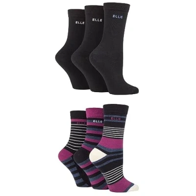 Image of Elle Ladies Patterned and Plain Assorted Sock Styles including Anklets, No Show, Trainer, Knee High Regular Cotton Socks in a Multipack of 6 &amp; 4 Pairs Black/Blackbird True 8