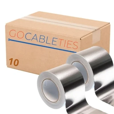 Image of Gocableties Aluminium Foil Tape, 100mm (4&quot;) x 50m, Ten Roll Bulk Pack Adhesive Insulation Tape for Insulating, HVAC Repair, Sealing Ducts, and Pipework, 10 Rolls