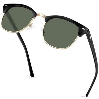 Image of KANASTAL Green Sunglasses Mens Dark Polarised for Women Metal Retro Semi Rimless UV Protection Black Half Frame Lens