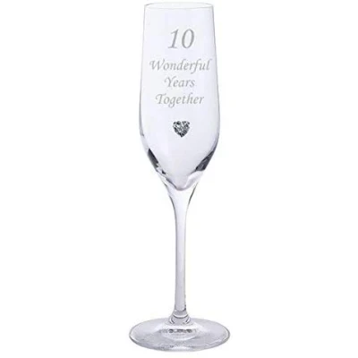 Image of Chichi Gifts 10th Anniversary 10 Years Together Pair of Dartington Crystal Champagne Glasses with Heart Gem