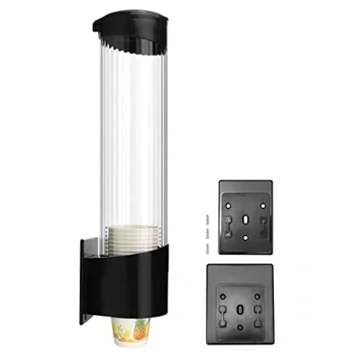 Image of QWORK Cup Dispenser, Water Dispenser Disposable Holder Rack Fits 7oz 12oz Cone or Flat Bottom Cups, Pull Type Paper Paste Screw Plate Wall Mount