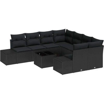 Image of vidaXL 9 Piece Garden Sofa Set with Cushions Black Poly Rattan