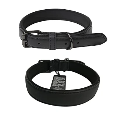 Image of OFHome Dog Collars Leather for Medium Small Dogs, Soft Collar with D Ring, Adjustable Black Collar,