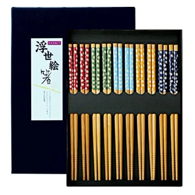 Image of EXZACT Chopsticks Gift Set 10 Pairs of Reusable Natural Bamboo in a Beautiful Black Handmade Box Decorated Japanese Style