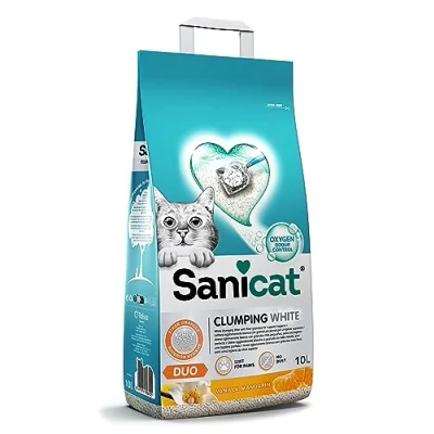 Image of Sanicat White Clumping Cat Litter Vanilla and Mandarin Scent Made from natural minerals with odor control Absorbs moisture forms clumps for easy cleaning 10 L capacity