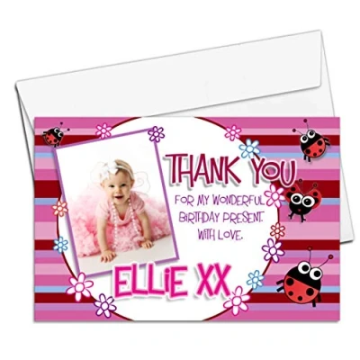 Image of 10 Personalised Girls Ladybird Birthday Party Thank you Thankyou PHOTO Cards N231 ANY AGE