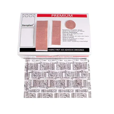 Image of Steroplast 6059F Premium Elastic Fabric Plasters Assortment in a cardboard box (5 sizes) (Pack of 100)
