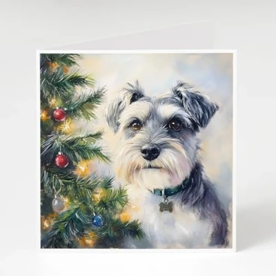 Image of schnauzer christmas Cards Pack of 5 miniature next to a tree. Printed on thick 300gsm card