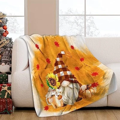 Image of JOOCAR Flannel Throw Blanket Fall Maple Leaf Cartoon Autumn Gnome Orange Cozy Soft Plush Blankets for Bed Couch Living Room Sofa Chair, 60x80 Inch
