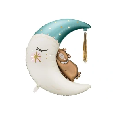 Image of PartyDeco Foil Balloon Moon with Bear 71 x 86 cm XXL for Helium or Air Teddy on the Moon, 98 as Birthday Decoration White Blue