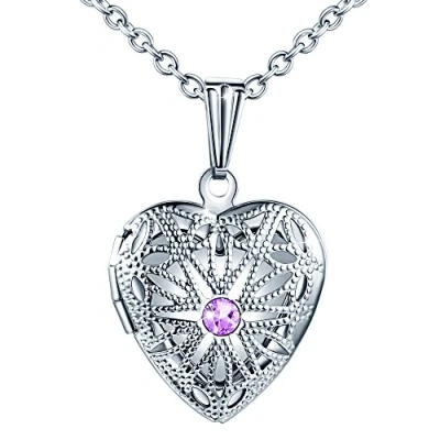 Image of MicLee Ladies Necklace Photo Locket Pictures Amulet Purple Cubic Zirconia Heart Pendant Stainless Steel with Gift Box Greeting Card