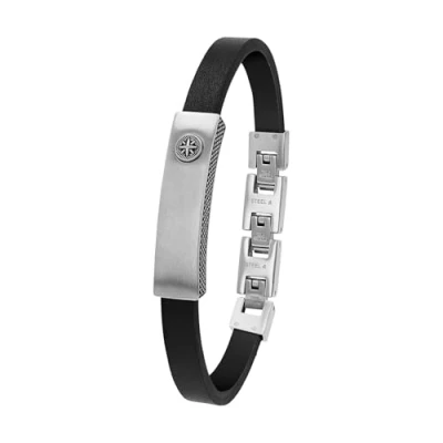 Image of s.Oliver 2037998 Stainless Steel Leather Men&#039;s Bracelet 18.5 + 1.5 cm Silver Compass Comes in Jewellery Gift Box, None