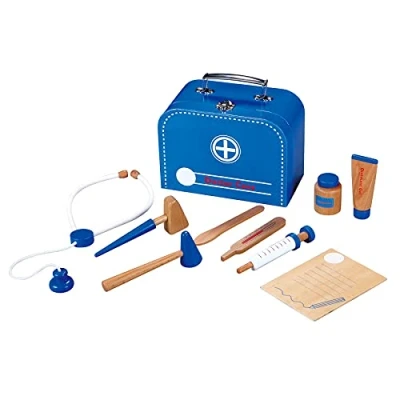 Image of SOKA 10 pcs Wooden Doctor Set for Kids Pretend Role Play Educational Toy Nursing Kit with Portable Medical Carry Case, Blue Boys Girls 36 Months