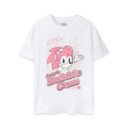 Image of SONIC THE HEDGEHOG Womens T Shirt Ladies Amy&#039;s Bubblegum Graphic Tee in White Pink Vintage Game Lightweight Short Sleeved Top Cute Gaming Merchandise Apparel Gift for Adults